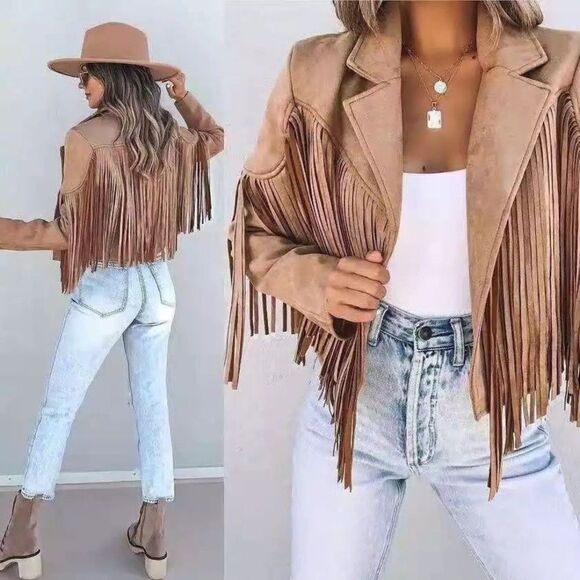 Jackets & Blazers - Tassel suede women new fringe jacket boho long sleeve jacket